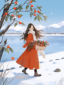 阴影红色插画图片_冬天插画女孩雪地散步手绘
