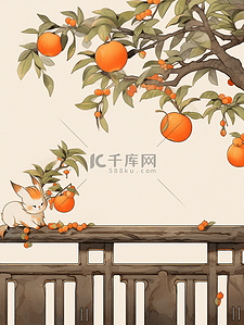 背景棕色插画图片_新年冬季柿子树小猫国风插画