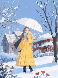 蓝色雪背景插画图片_冬天海报女孩雨伞手绘插画