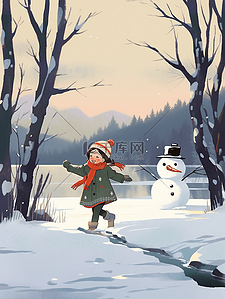 冬天女孩雪人玩耍海报手绘插画