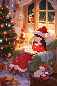 圣诞节可爱女孩屋里看书手绘卡通插画