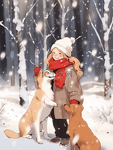 宠物狗背景插画图片_冬天插画雪地树林女孩手绘