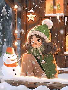 冬天枝插画图片_冬天圣诞节可爱女孩木屋手绘雪人插画