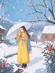 蓝色雪背景插画图片_手绘冬天海报女孩雨伞插画