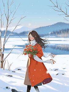 冬天雪地女孩散步手绘插画