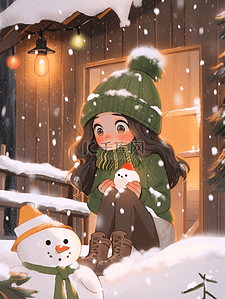 冬天枝插画图片_冬天圣诞节手绘插画可爱女孩雪人木屋