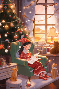 圣诞节可爱女孩屋里看书插画卡通手绘