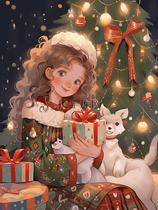 圣诞节可爱女孩元素礼物圣诞树手绘