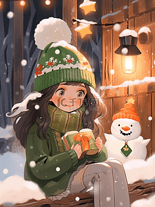 冬天可爱女孩雪人木屋手绘插画圣诞节