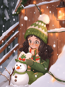 雪人冬天圣诞节可爱女孩木屋手绘插画