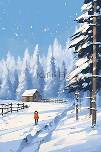 蓝色雪点插画图片_海报女孩松树冬天木屋手绘插画