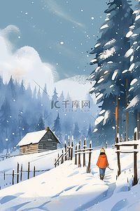 蓝色雪点插画图片_冬天海报木屋女孩松树手绘插画
