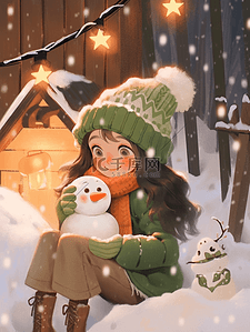 冬天枝插画图片_圣诞节可爱女孩雪人木屋冬天手绘插画