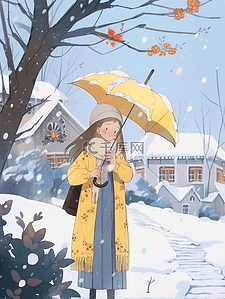蓝色雪背景插画图片_海报女孩雨伞手绘冬天插画