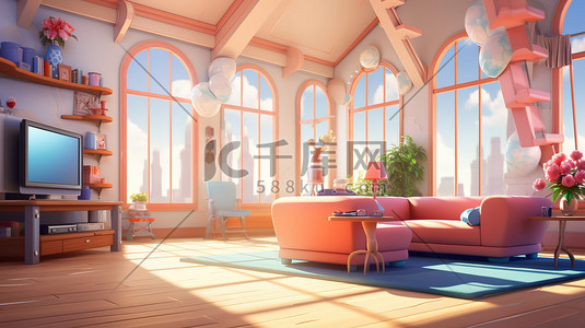 客厅房间插画图片_明亮宽敞的房间动画风格4