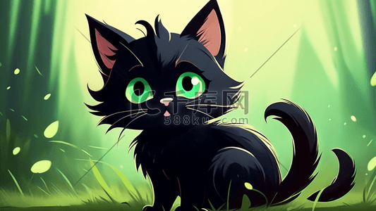 黑色卡通插画图片_小猫可爱的黑色毛发低角度卡通风格