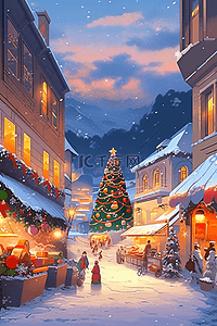 冬天圣诞节圣诞树小镇手绘插画