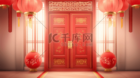 红色新年中国风大门口插画31