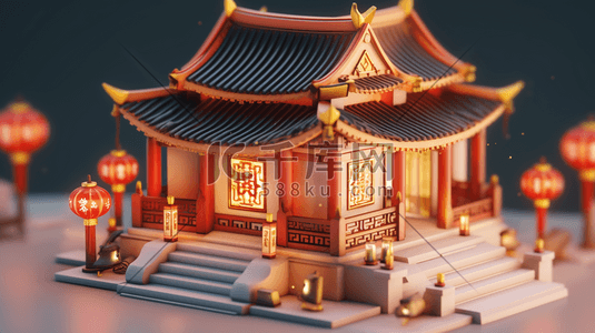 房子立体插画图片_3D立体中国风传统古典建筑房屋插画5