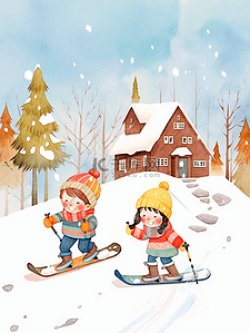 滑雪手绘冬天插画可爱孩子