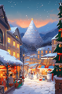 圣诞节圣诞树黄色插画图片_圣诞节小镇冬天圣诞树手绘插画