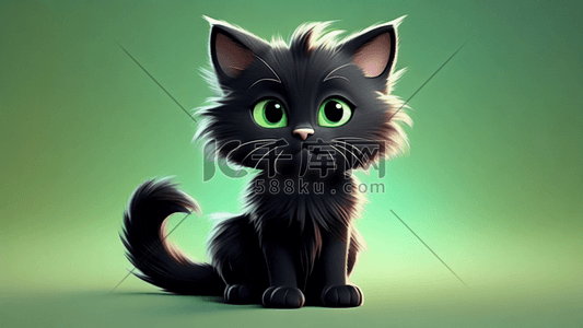 黑色卡通插画图片_小猫可爱的黑色毛发低角度卡通风格