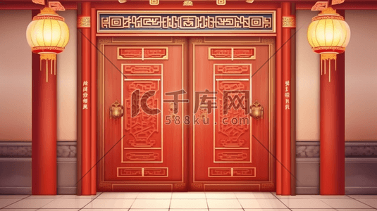 红色新年中国风大门口插画