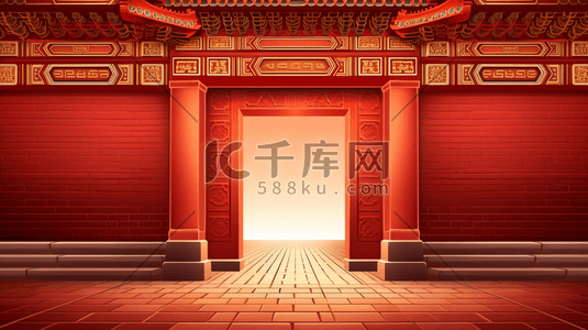 红色新年中国风大门口插画34