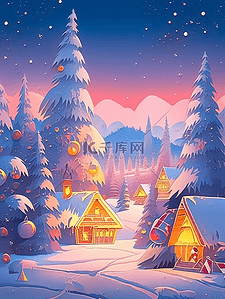 冬天的木屋插画图片_海报冬天圣诞节木屋圣诞树手绘插画