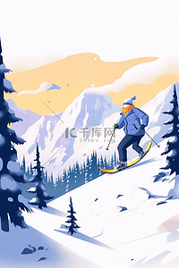 滑雪板插画图片_冬天男孩滑雪手绘插画雪山