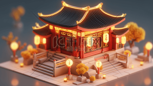 房屋模型插画图片_3D立体中国风传统古典建筑房屋插画7