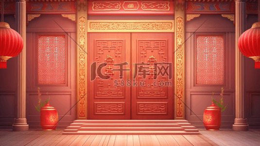 红色新年中国风大门口插画36