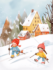冬天背景可爱插画图片_手绘冬天插画可爱孩子滑雪
