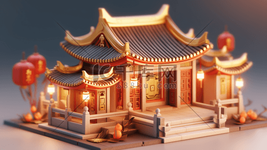 3D立体中国风传统古典建筑房屋插画18