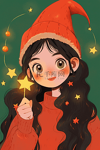 可爱女孩荧光棒手绘插画圣诞节
