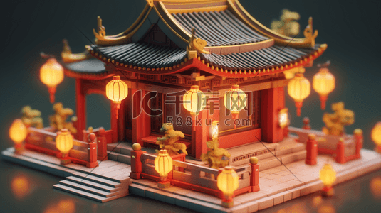 房子立体插画图片_3D立体中国风传统古典建筑房屋插画1