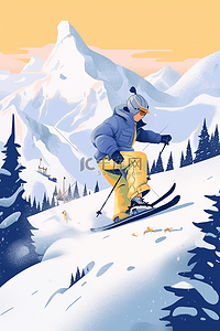 蓝色的裤子插画图片_男孩雪山冬天滑雪手绘插画