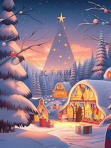 冬天木屋圣诞节圣诞树手绘海报插画