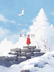 手绘祥云红色插画图片_女孩赏雪手绘插画冬天海报