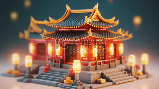 房子立体插画图片_3D立体中国风传统古典建筑房屋插画9
