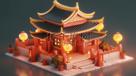 3D立体中国风传统古典建筑房屋插画25