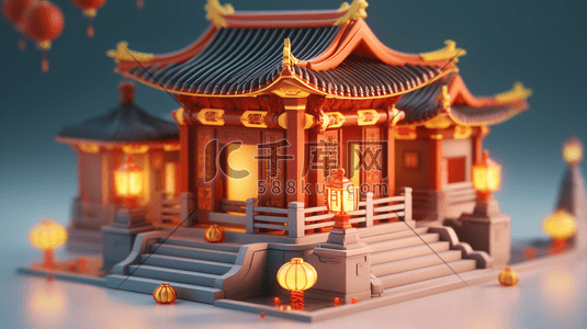 房屋模型插画图片_3D立体中国风传统古典建筑房屋插画13