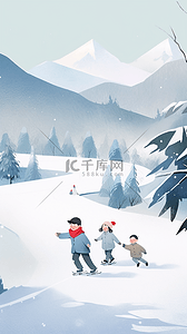 滑雪高清插画图片_冬天手绘孩子滑雪雪山插画