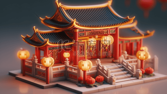房子立体插画图片_3D立体中国风传统古典建筑房屋插画6
