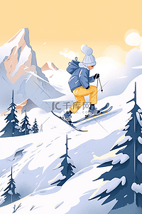 滑雪板插画图片_手绘冬天男孩雪山滑雪插画