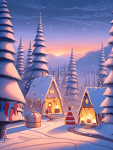 插画冬天圣诞节木屋圣诞树手绘海报