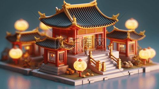 3D立体中国风传统古典建筑房屋插画22