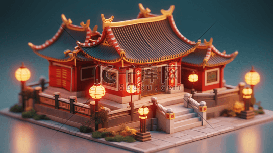 3D立体中国风传统古典建筑房屋插画29