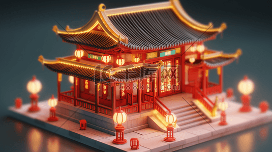 房子立体插画图片_3D立体中国风传统古典建筑房屋插画10