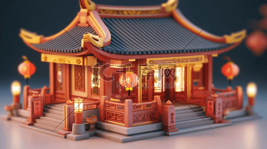 房子立体插画图片_3D立体中国风传统古典建筑房屋插画3
